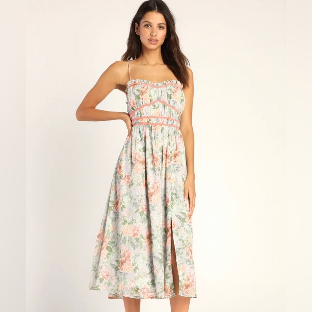 NWT Lulus | Dear to You Grey Floral Print Backless Lace-Up Midi Dress